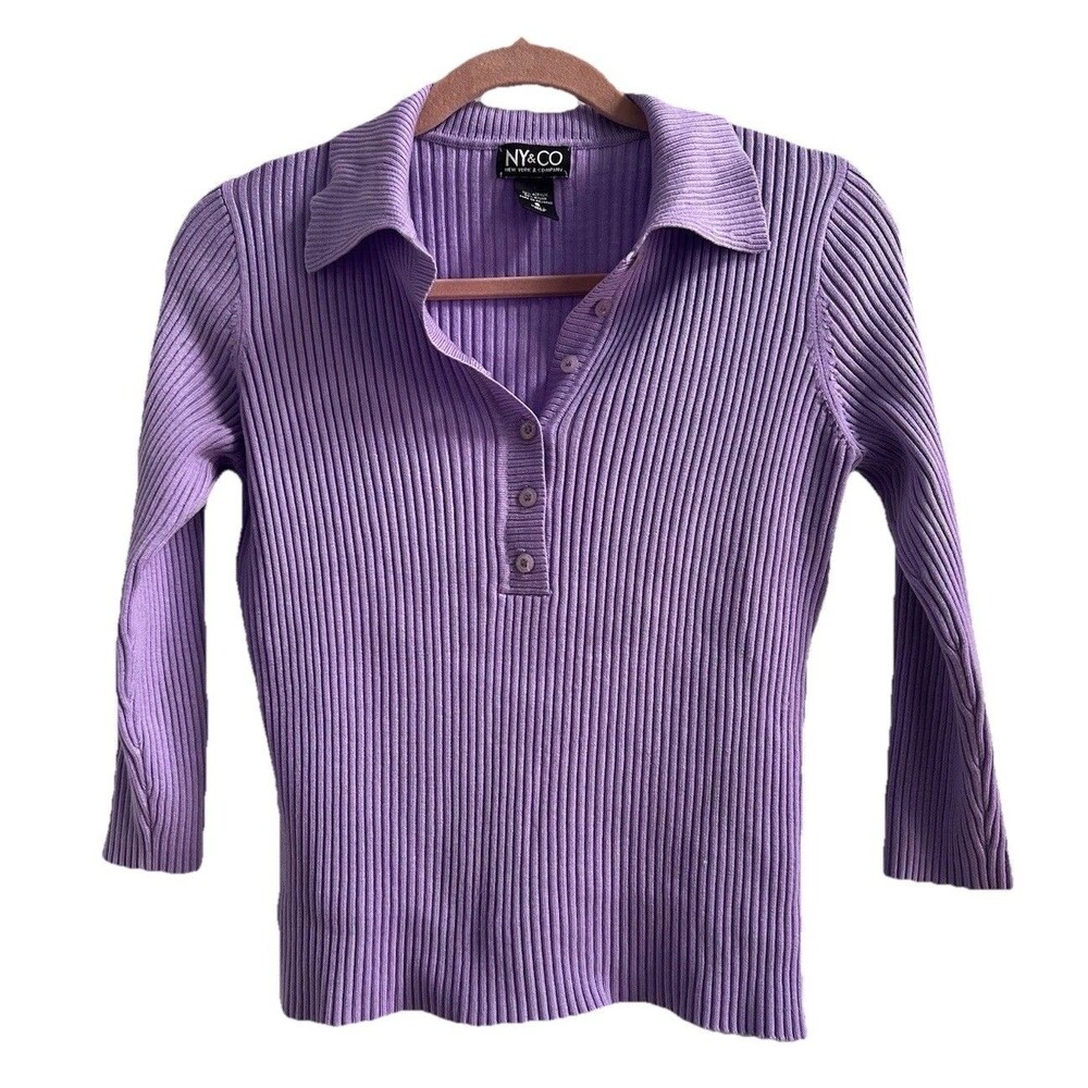 Y2K Ribbed Lilac Soft Collar Sweater Vintage NY & Co Size Small Fitted Pastel
